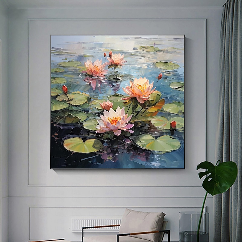 Handmade Original Lotus Flower Oil Painting On Canvas Wall Art Decor  Minimalist lake for Home Decor With Stretched Frame/Without Inner Frame Painting2