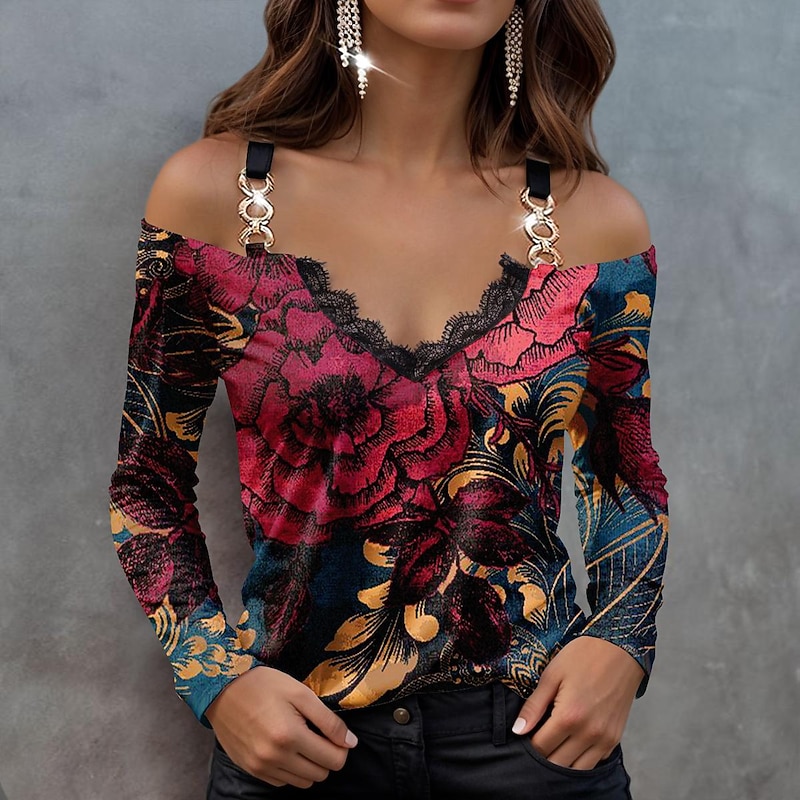 Women's Blouse Long Sleeve  V Neck Fashion Floral Print Cold Shoulder Regular Tops Off Shoulder Casual Holiday Red Blue Purple Spring &  Fall