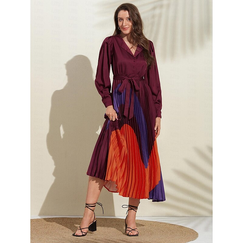 Women's Satin Dress Hem Maxi Purple Long Sleeve Geometic Buttons Tie Belt Spring V Neck Maxi Dress S M L2