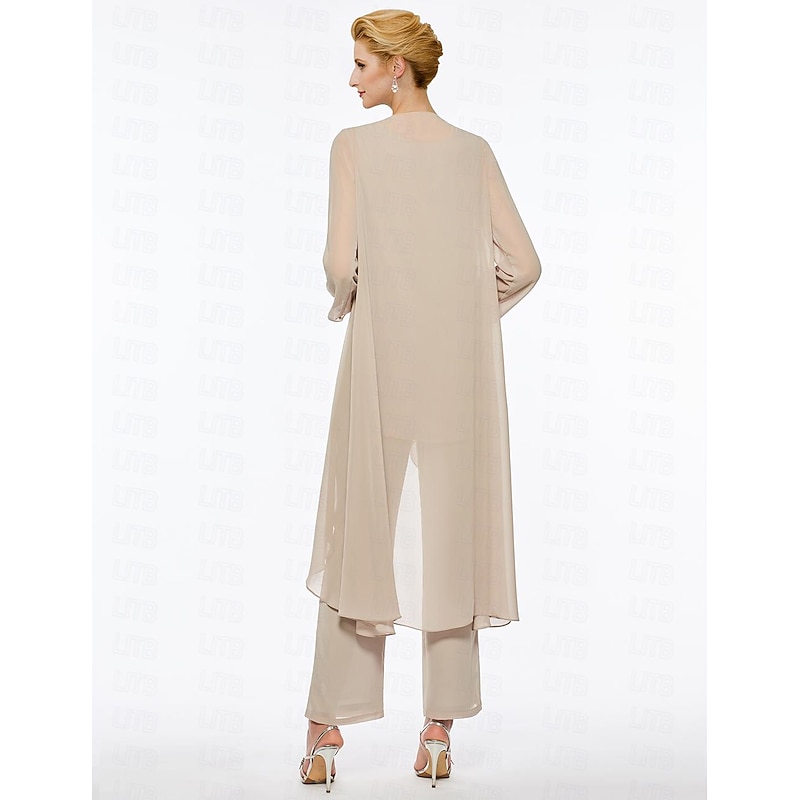 Pantsuit 3 Piece Mother of the Bride Elegant Plus Size Floor Length Chiffon Sleeveless Wrap Included with Solid Color to impress2