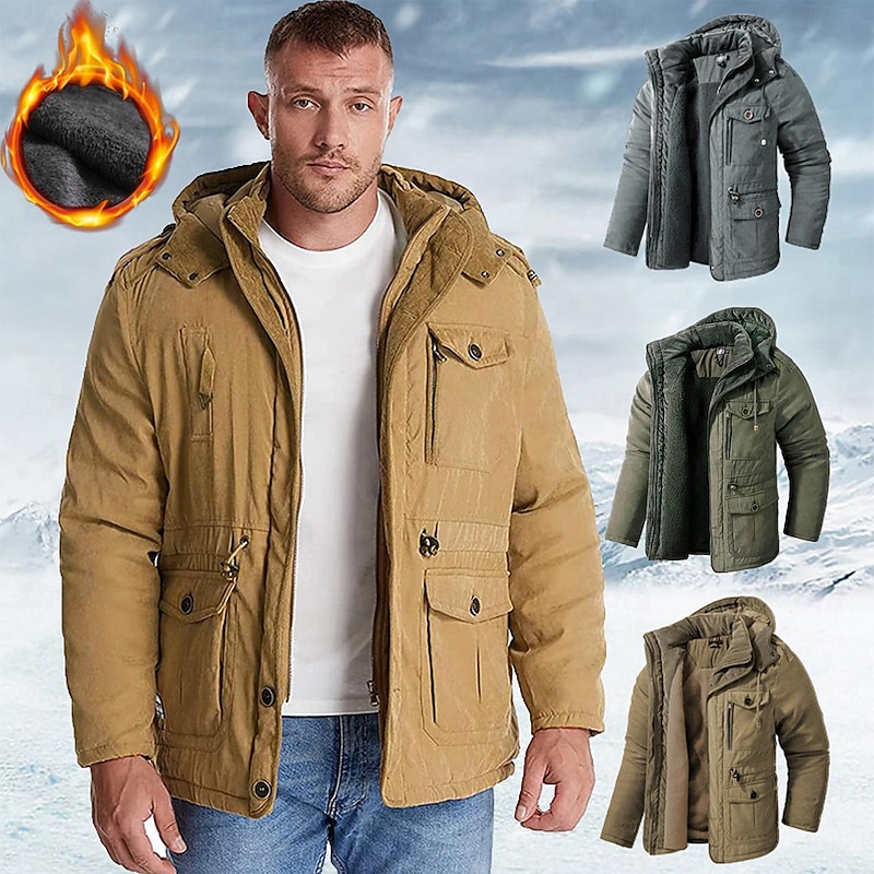 Men's Winter Hooded Jacket Military Jacket Warm Parka Windproof Sherpa Lined Fleece Jacket Windbreaker Thicken Trench Coat Outerwear Lightweight Breathable Climbing Traveling Fishing Skiing Khaki