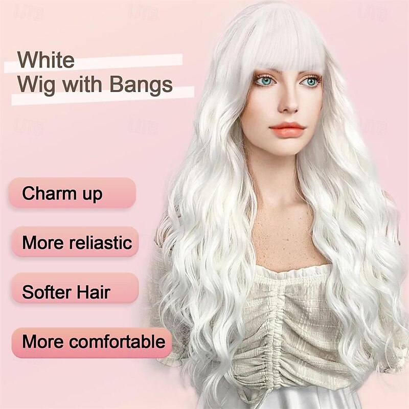 White Wigs with Bangs for Women Long Wavy Synthetic Wig Colorful Wig Hair Heat Resistant Wigs for Cosplay Party Use3