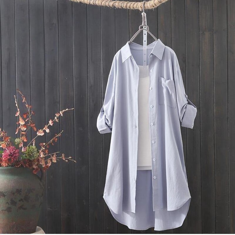 Cotton Linen Shirts Linen Shirt Button Up Long Cotton Top Women's White Yellow Pink Solid Color Buttons Long Street Daily Fashion Shirt Collar Cotton Linen Regular Fit S