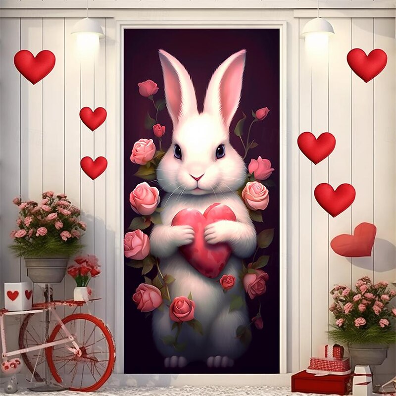 Wedding Outdoor Decorations Door Covers Door Tapestry Door Curtain Decoration Backdrop Indoor/Outdoor Door Banner for Front Door Farmhouse Heart Bunny2