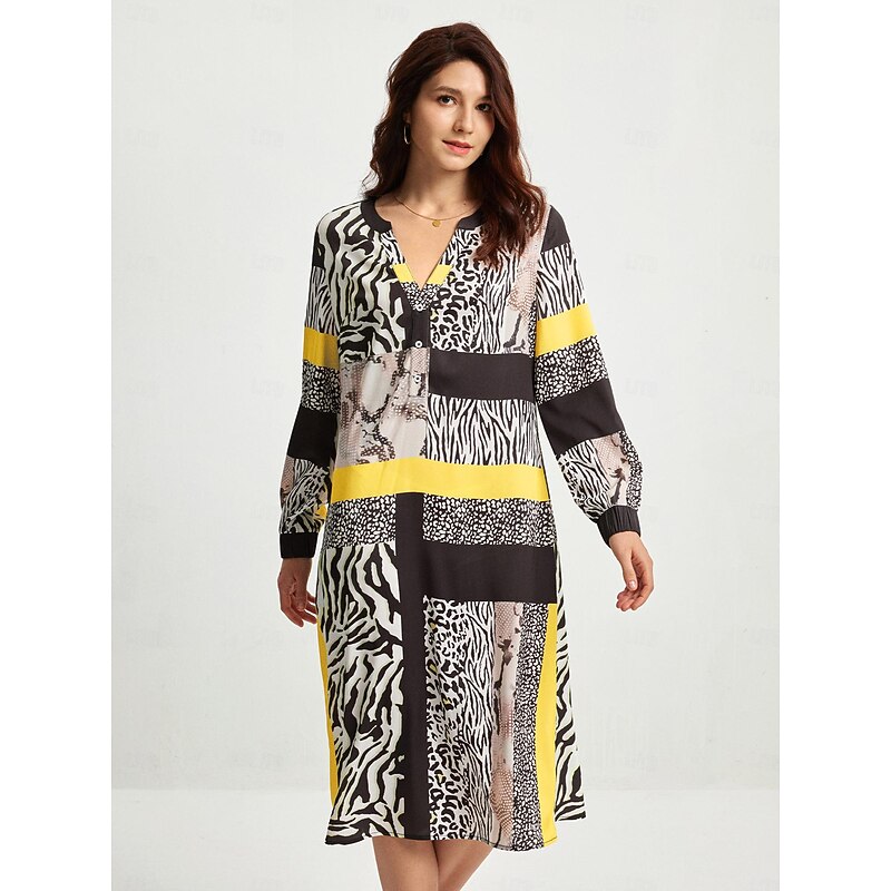 Satin Casual Leopard Print V Neck Midi Dress