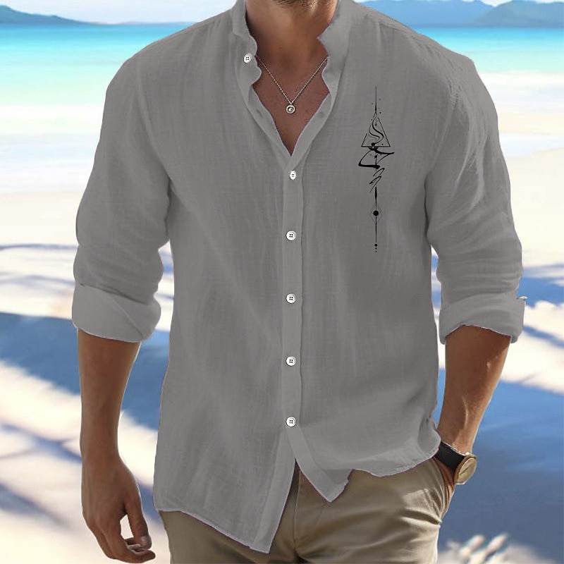 Men's Shirt Beach Shirt Button Up Shirt Symbol Outdoor Vacation Black White Pink Green Long Sleeve Standing Collar Spring &  Fall Clothing Apparel Print