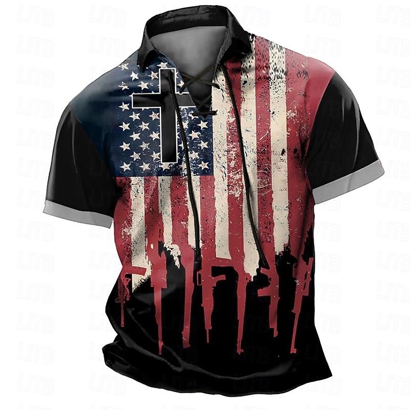 Men's Eagle American Flag Polo Shirts Golf Polos Shirts Short Sleeve Polo Shirts Lace Up Neck Vintage Outdoor Daily Wear Streetwear 3D Print Summer Red Blue2