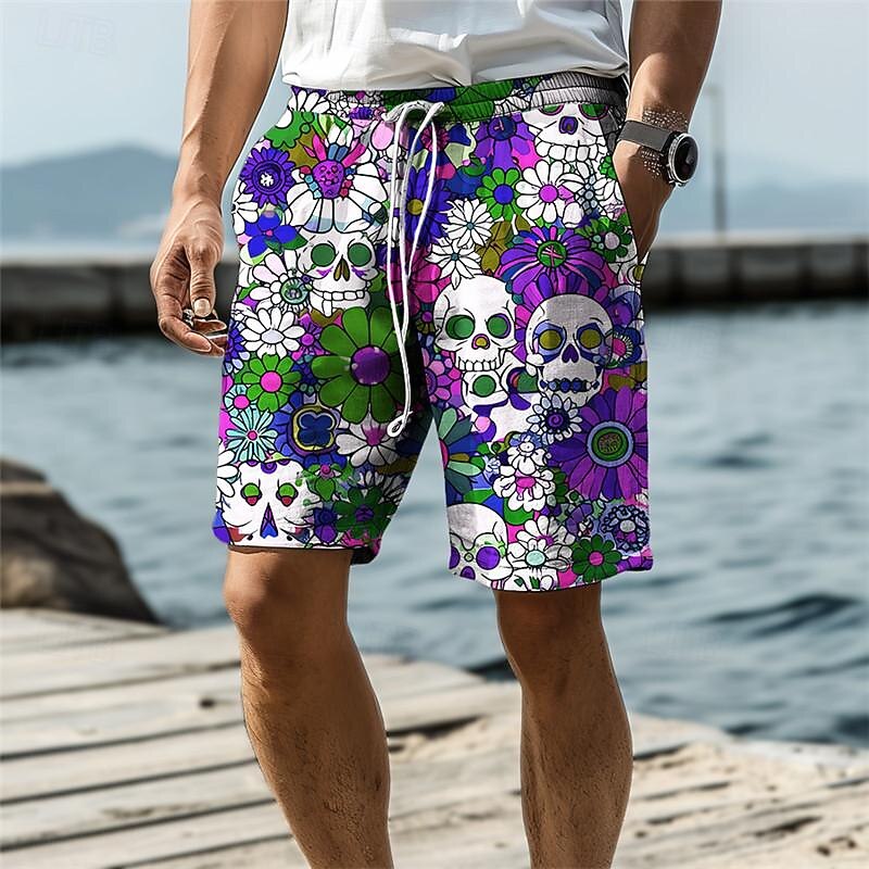 Men's Skull Flower / Floral Swim Trunks Swim Shorts Board Shorts Mid Waist Vacation Hawaiian Holiday Vacation Holiday Beach Drawstring with Mesh lining Elastic Waist Designer Clothing Apparel4