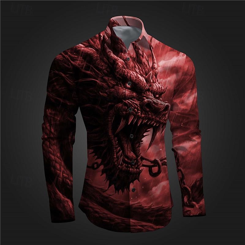 Men's Dragon Shirt Button Up Shirt Long Sleeve Abstract Subcultural Daily Wear Going out Spring Turndown Print Button-Down Red Blue Ink Blue Purple Green2