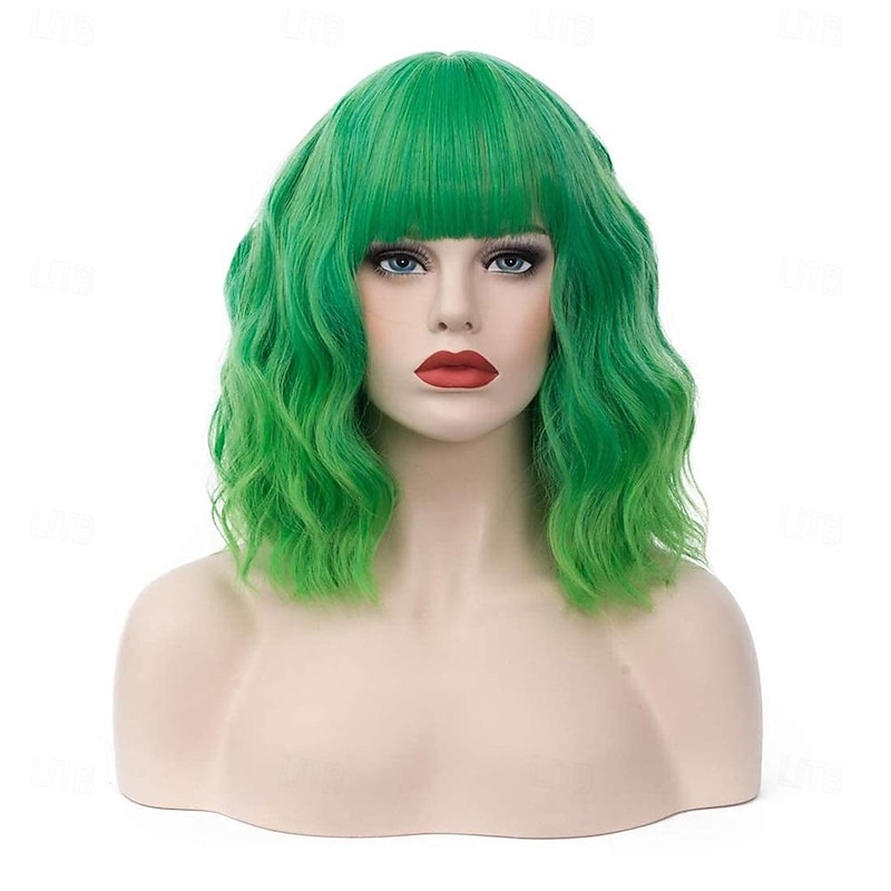 Women's Bright Green Ombre Wig Short Curly Wavy Wig Shoulder Length Flat Bangs Wig For Women Girl Cosplay Party Halloween Wig Cap Included St.Patrick's Day Wigs2