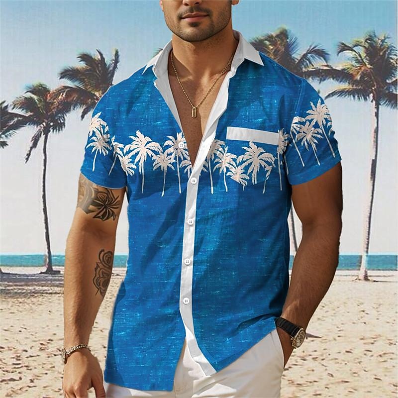 Men's Palm Tree Tropical Plants Summer Hawaiian Shirt Aloha Shirt Printed Shirts Short Sleeves Shirt Turndown Hawaiian Resort Outdoor Vacation Holiday Dark Navy Blue Orange S M L