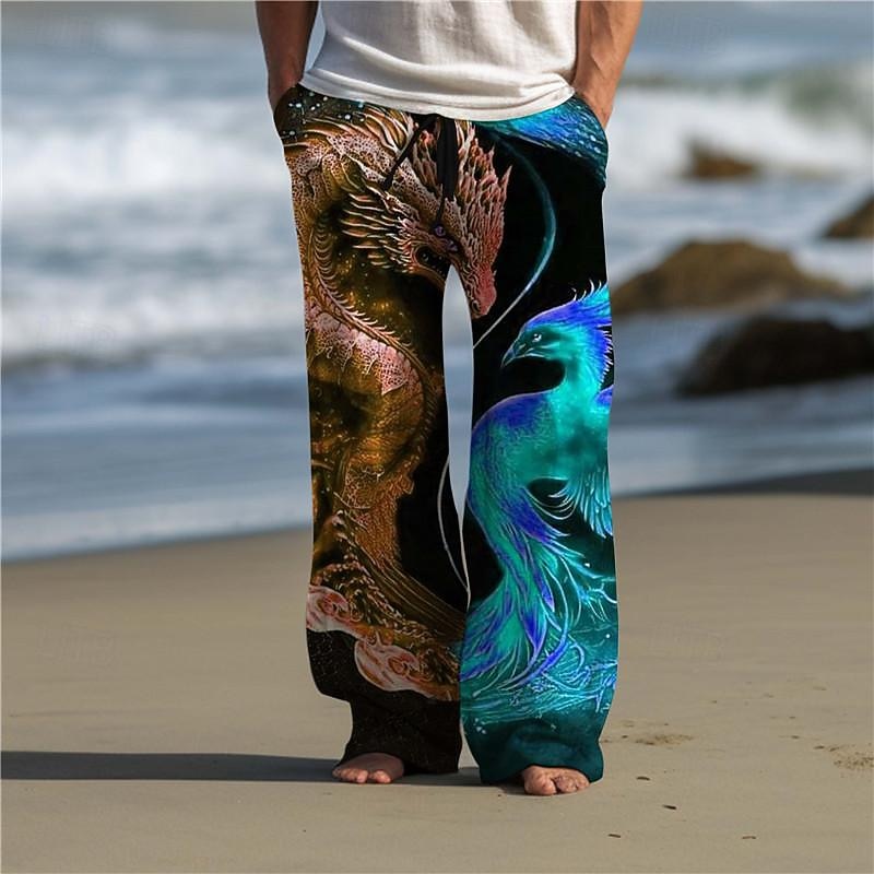 Dragon Phoenix Abstract Men's 3D Printed Casual Pants Trousers Elastic Waist Drawstring Loose Fit Straight-Leg Summer Beach Pants S TO 3XL2