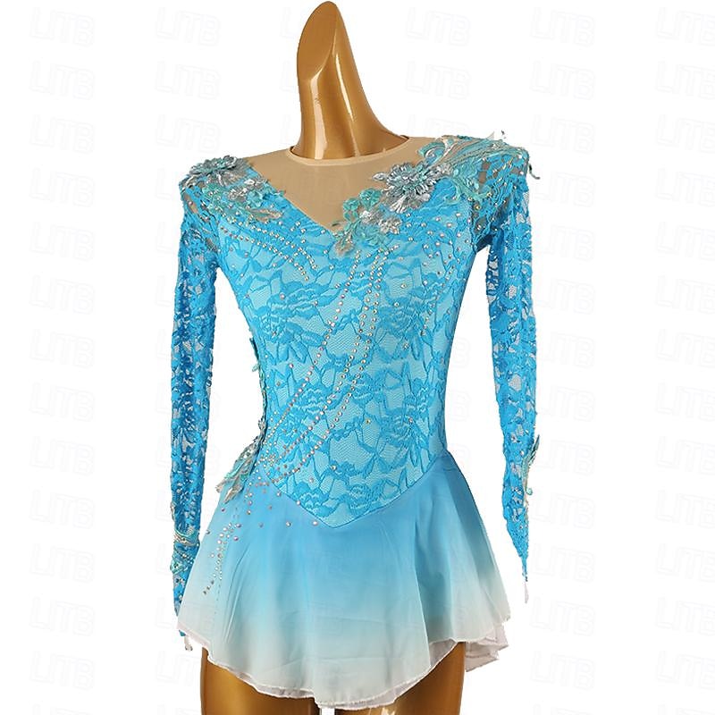 Figure Skating Dress Women's Girls' Ice Skating Dress Outfits Violet Black White Patchwork Mesh Spandex Lace High Elasticity Competition Skating Wear Handmade Crystal / Rhinestone Long Sleeve Ice3