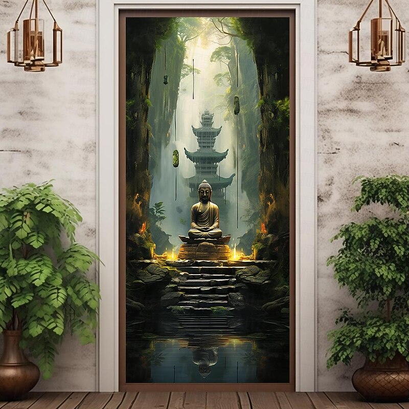 Boho Buddha Door Covers Mural Decor Door Tapestry Door Curtain Decoration Backdrop Door Banner Removable for Front Door Indoor Outdoor Home Room Decoration Farmhouse Decor Supplies
