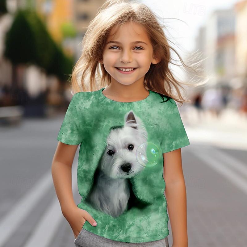 Girls' 3D Dog Tee Shirt Pink Short Sleeve 3D Print Summer Active Fashion Cute Polyester Kids 4-12 Years Crew Neck Outdoor Casual Daily Regular Fit4
