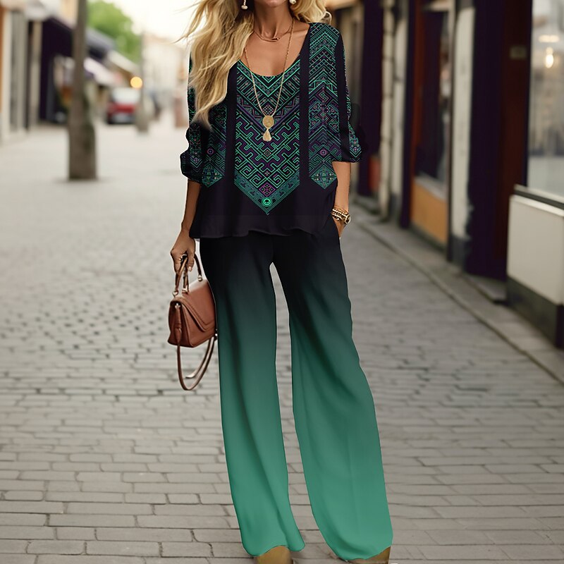 Women's 2 Pieces Sports Daily T Shirt Pants Sets Pants Trousers Long Sleeve V Neck Geometric Gradient Print Outdoor Casual Blue Purple Green Spring &  Fall Regular Fit2