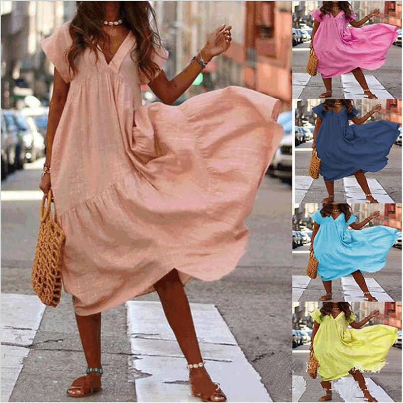 Women's Long Dress Maxi Dress Cotton Linen Dresses Casual Dress Swing Dress A Line Dress Streetwear Maxi Vacation Street Holiday Loose Fit Short Sleeve V Neck Yellow Pink Dark Blue Light Blue Summer4