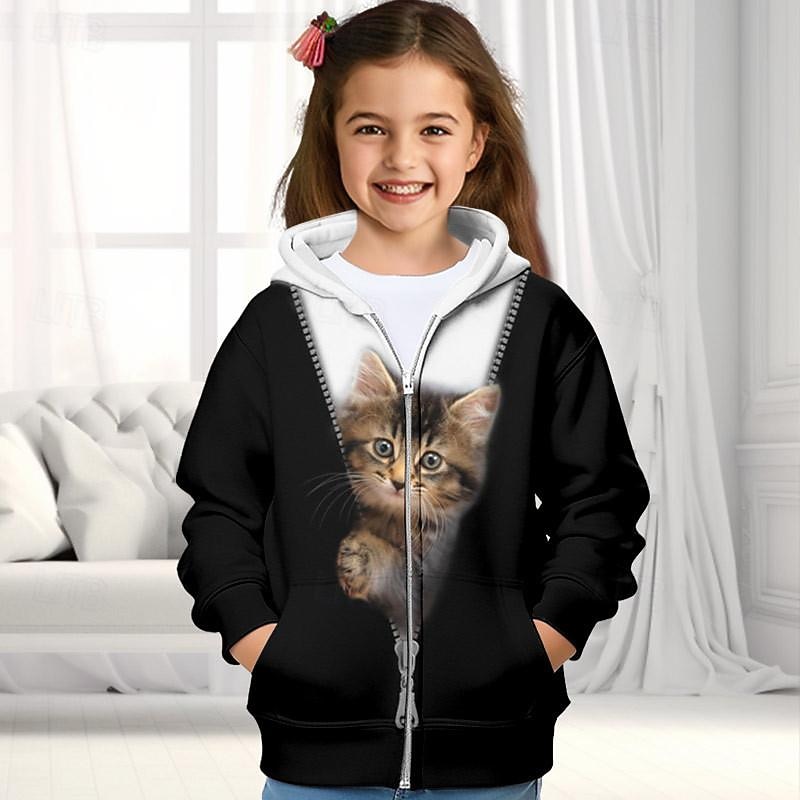 Girls' 3D Cat Hoodie Coat Outerwear Pink Long Sleeve Fall Winter Active Cute Streetwear Kids 3-12 Years Zip Street Daily Regular Fit2