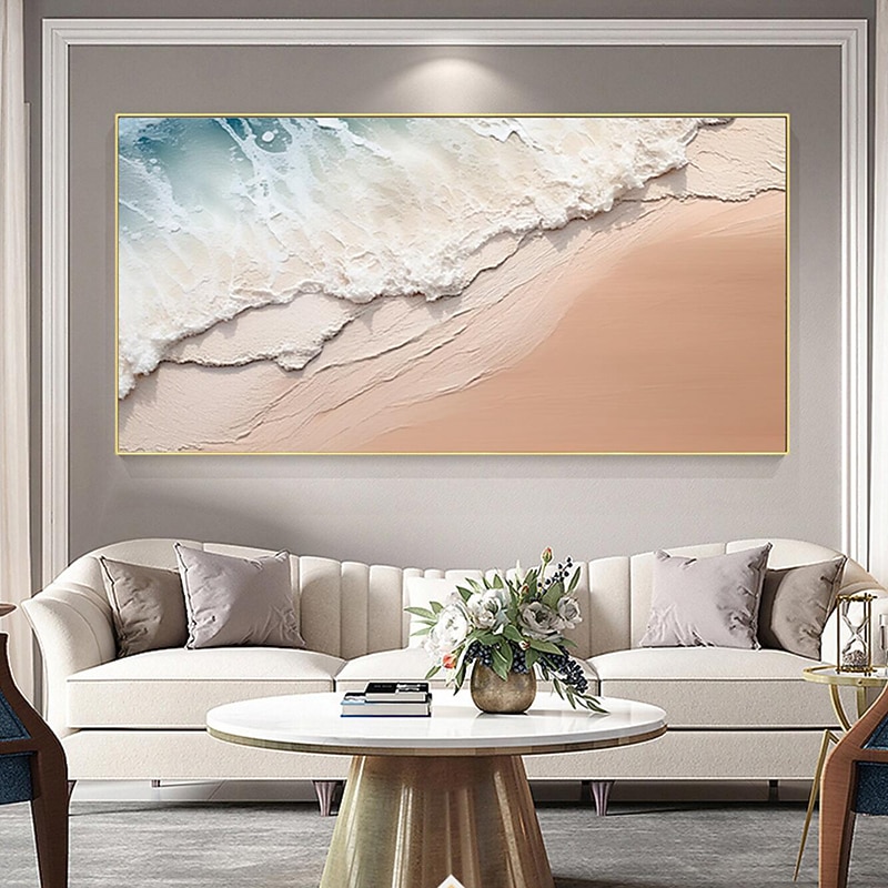 Hand-painted Minimalist Ocean Painting on Canvas 3D Textured Wall Art Earth Tone Seawaves Wall Art Living Room Painting Fashion Room Decor No Frame2