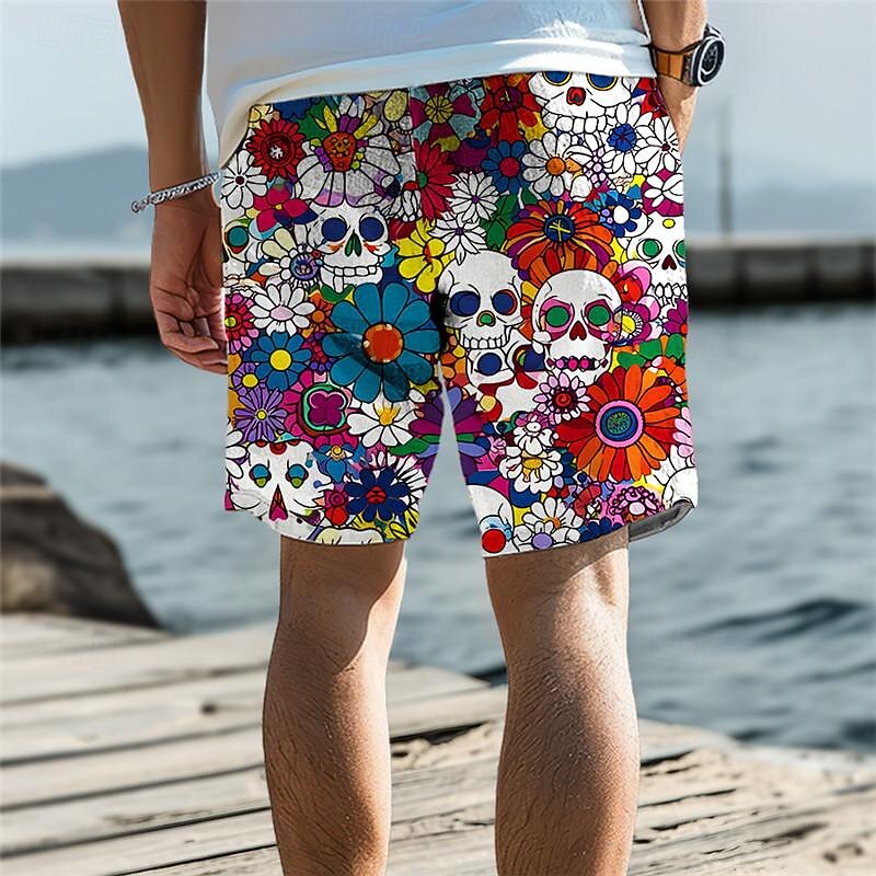 Men's Skull Flower / Floral Swim Trunks Swim Shorts Board Shorts Mid Waist Vacation Hawaiian Holiday Vacation Holiday Beach Drawstring with Mesh lining Elastic Waist Designer Clothing Apparel2