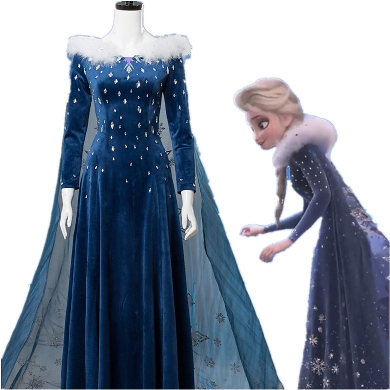 Frozen Princess Elsa Anna Dress Cosplay Costume Women's Movie Cosplay Cosplay Costume Blue Dress Halloween Masquerade Polyester With Costume Wig2