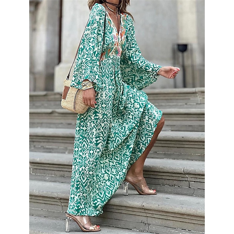 Women's Long Dress Maxi Dress Casual Dress Boho Chic Dresses Boho Dress Bohemia Ethnic A Line Vacation Street Holiday Loose Fit Geometric Color Block Long Sleeve V Neck Green Summer - Main Image