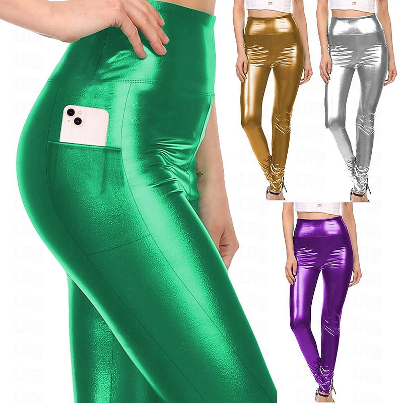 Sexy 1980s High Waisted Leggings PU Leather Pencil Pants Disco Solid Color Fancy Dress Women's Carnival Performance Club Pride Parade Adults' Pants All Seasons