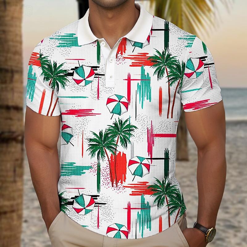 Kentucky Derby Men's Palm Tree Golf Shirt Short Sleeve Polo Shirts Collared Shirts Casual Beach Wear Vacation Wear Tropical Wear Party Outfits Buttons 3D Print Summer Yellow Red Blue3