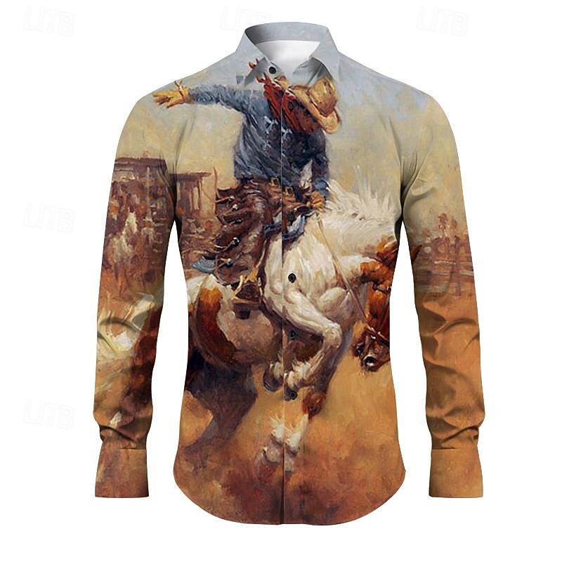 Kentucky Derby Men's Cowboy Shirt Western Shirt Cowboy Shirt Long Sleeve Vintage Western Style Outdoor Street Casual Daily Fall & Winter Turndown Buttons Print Blue Purple Brown Green