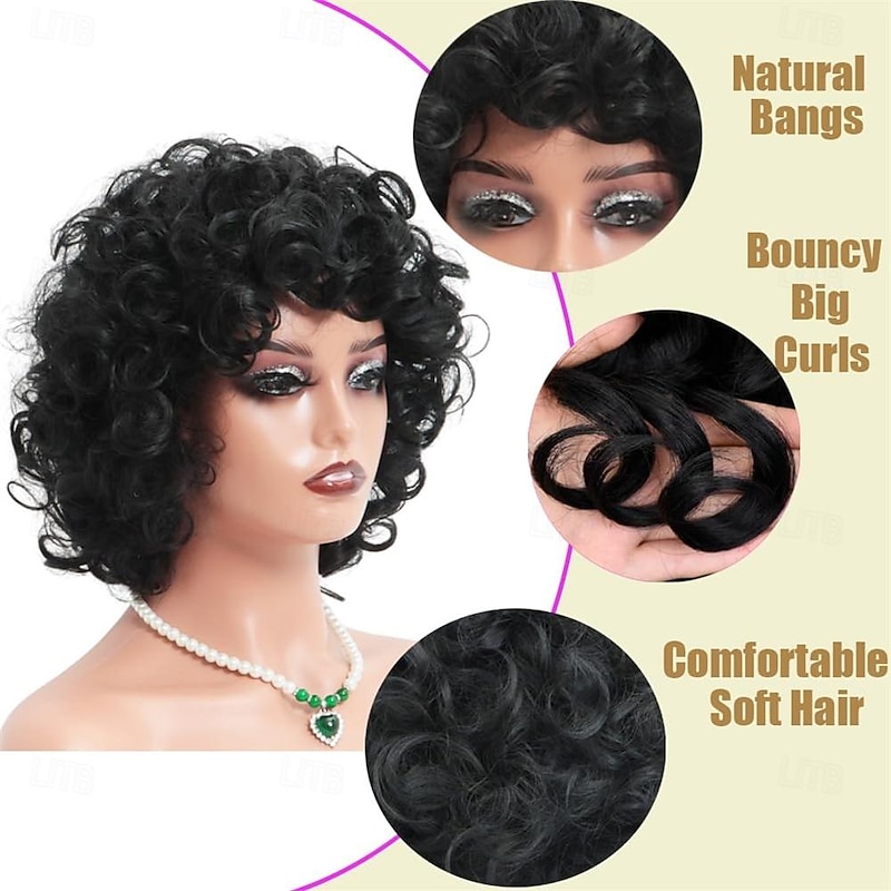Curly Wigs for Black Women Short Curly Wig with Bangs Afro Cute Wigs Natural Looking Soft Bouncy Fluffy Comfortable Light Weight Wig Heat Resistant Synthetic Wig for African American Women3