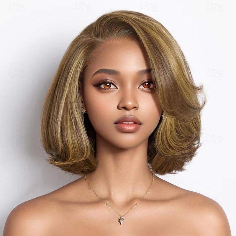 Wig Light Blonde Mix Brown Bob Layered Cut Wigs 13X4 Closure Bob Lace Front Wig Short Bob Wigs Right C Part Human Hair Frontal