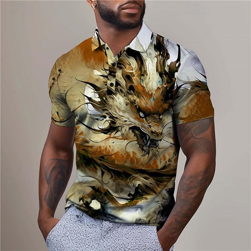 Men's Dragon Golf Shirt Short Sleeve Polo Shirts Collared Shirts Casual Funny Vacation Wear Party Outfits Buttons 3D Print Summer Yellow Red Blue4
