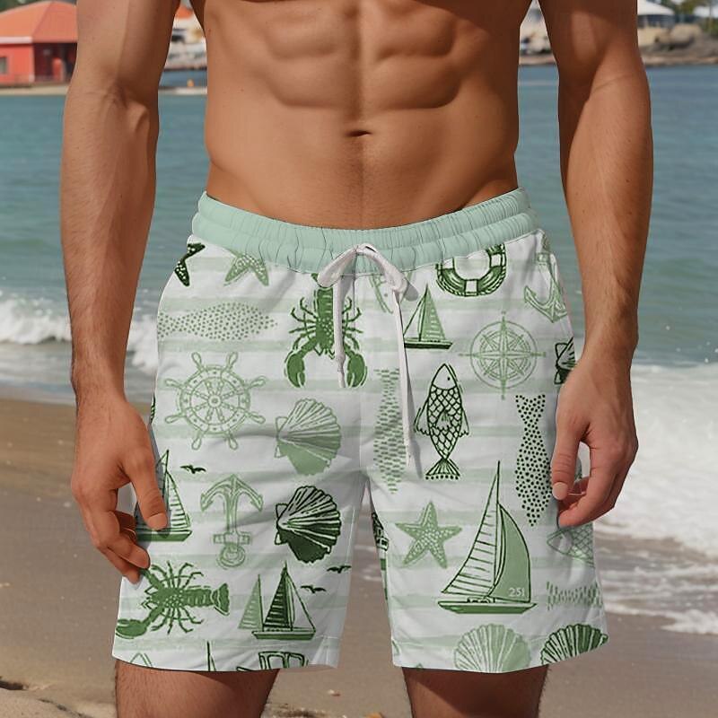 Men's Ocean Anchor Marine Life Swim Trunks Swim Shorts Board Shorts Mid Waist Vacation Hawaiian Holiday Vacation Holiday Beach Drawstring with Mesh lining Elastic Waist Designer Clothing Apparel3