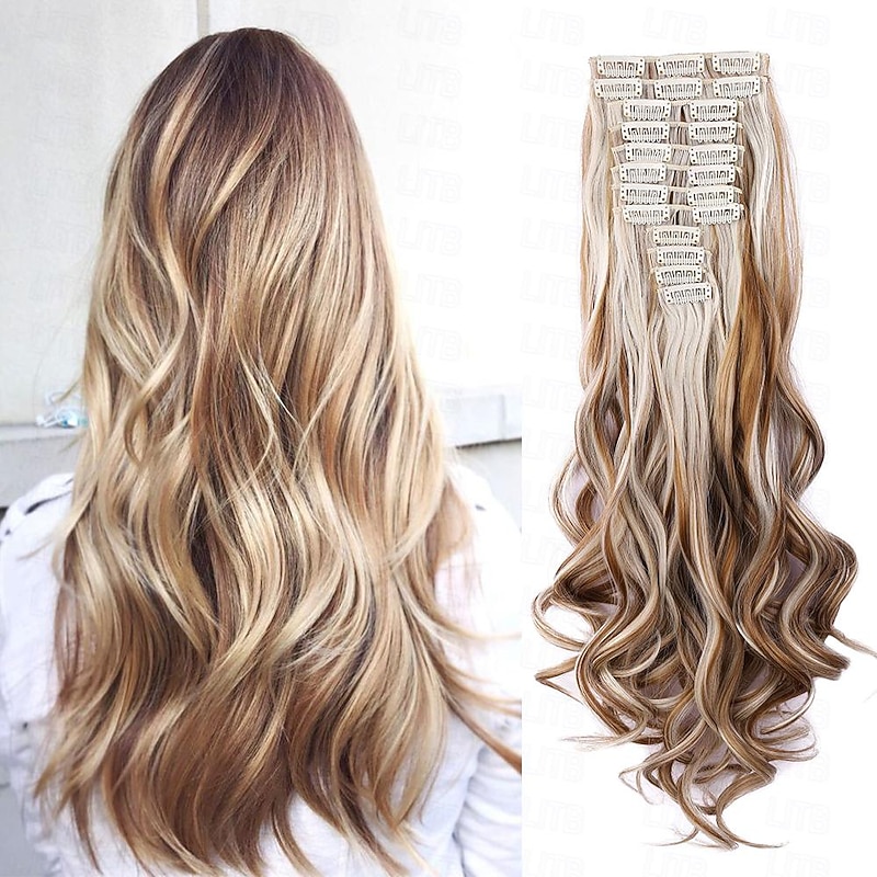 12pcs/set Long Wavy Hair Extensions Synthetic Clip In Hair Extensions Ombre Honey Blonde Dark Brown Thick Hairpieces