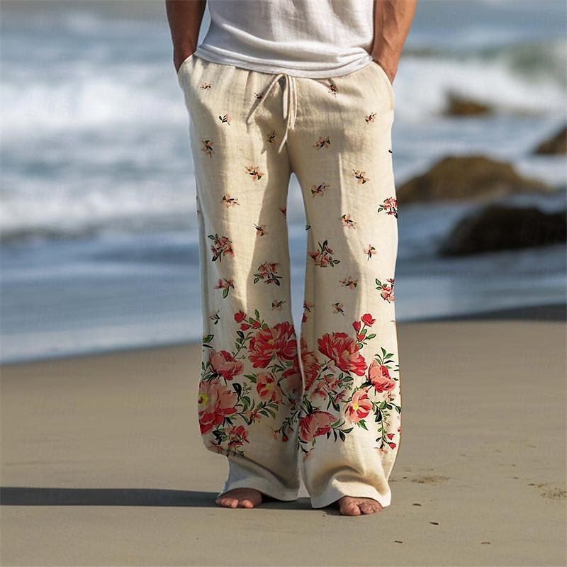 Men's Butterfly Linen Pants Pants Trousers Baggy Pants Mid Waist Vintage Outdoor Daily Wear Streetwear Fall & Winter Black Blue Green