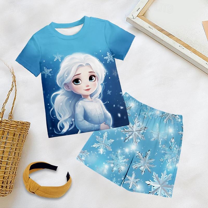 Girls' 3D Snowflake Princess Tee & Pants Pajama Sets Short Sleeve 3D Print Summer Active Fashion Cute Kids 3-12 Years Crew Neck Home Causal Indoor Regular Fit