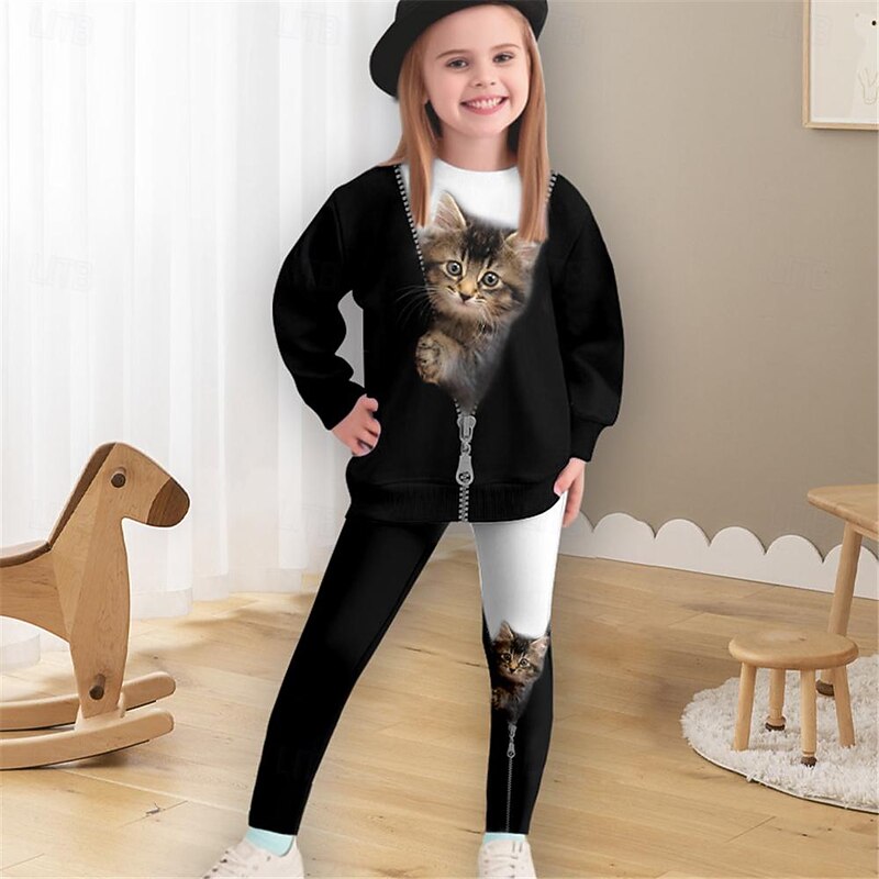 Girls' 3D Cat Sweatshirt & Legging Set Long Sleeve 3D Print Spring Fall Active Fashion Daily Kids 4 years+ Crew Neck Outdoor Vacation Date Regular Fit