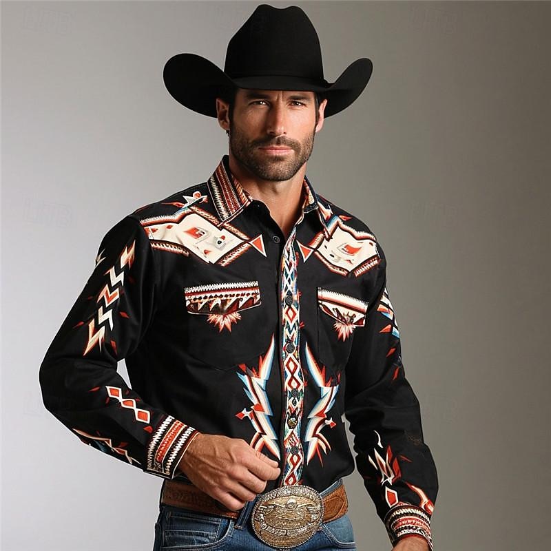 Men's Geometry Western Shirt Cowboy Shirt Long Sleeve Vintage Western Style Daily Wear Going out Weekend Spring Turndown Pocket Print Button-Down Black Navy Blue Brown Green4