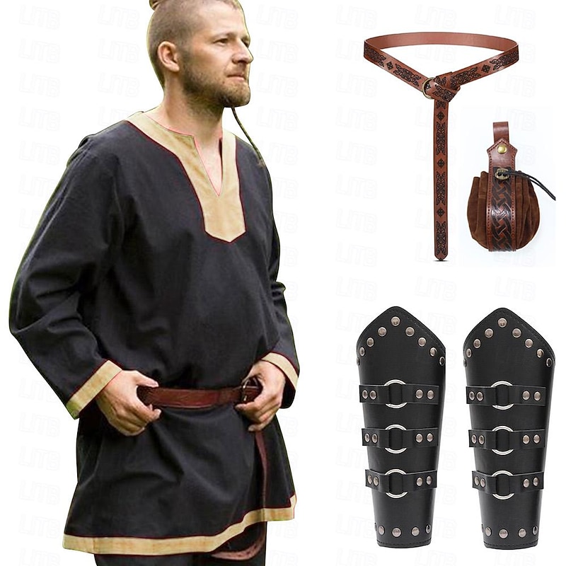 Retro Vintage Medieval Renaissance Blouse / Shirt Armor Waist Belt Pirate Warrior Knight Ritter Solid Color Fancy Dress Men's Viking Fantasy Halloween Carnival Masquerade Halloween Masquerade LARP2
