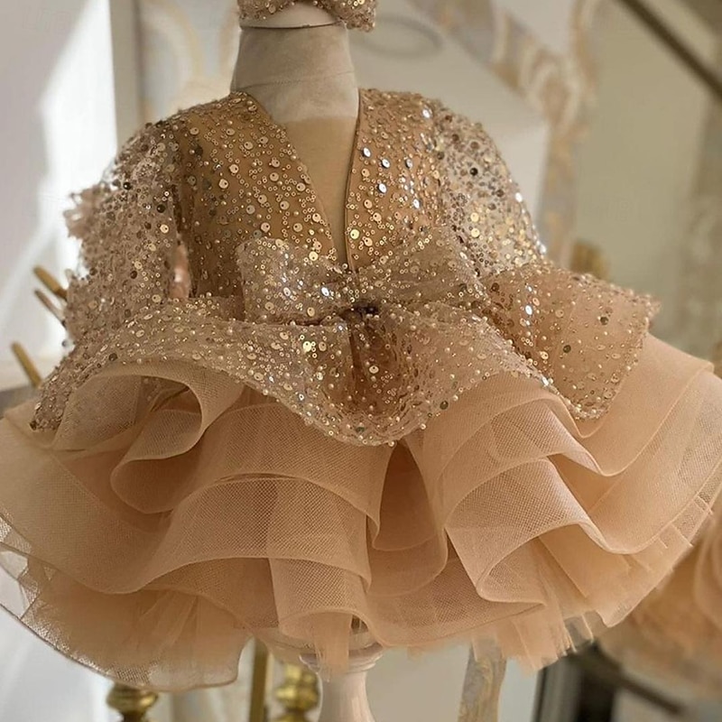 Kids Girls' Party Dress Solid Color 3/4 Length Sleeve Performance Wedding Mesh Princess Sweet Mesh Mid-Calf Sheath Dress Tulle Dress Flower Girl's Dress Summer Spring Fall 2-12 Years Camel4