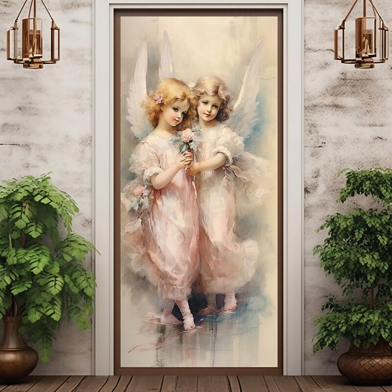 Painting Angels Door Covers Door Tapestry Door Curtain Decoration Backdrop Door Banner for Front Door Farmhouse Holiday Party Decor Supplies