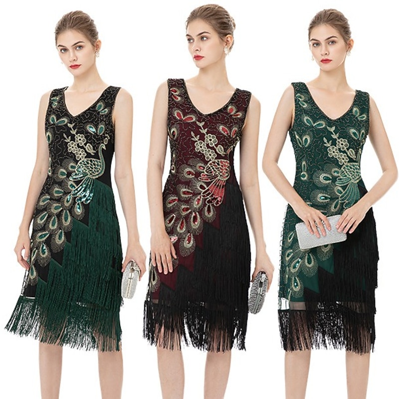 The Great Gatsby Peacock Flapper Dress Retro Vintage Roaring 20s 1920s Cocktail Dress Women's Sequins Tassel Fringe Costume Cosplay Formal Evening Sleeveless Midi Dress