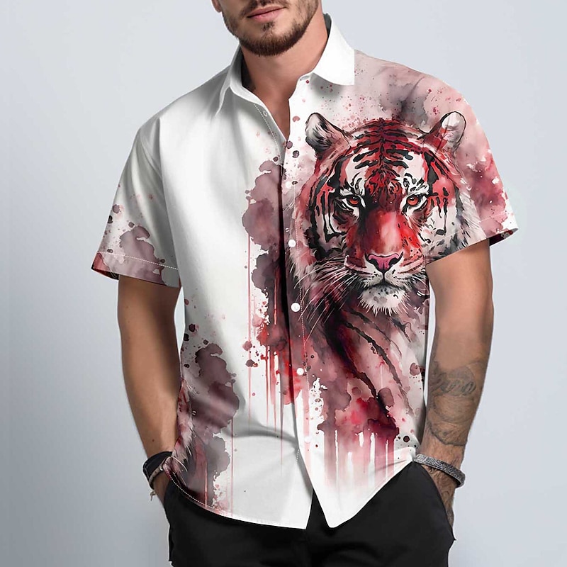 Men's Tiger Ink Painting Button Up Shirt Short Sleeve Fashion Hawaiian Outdoor Beach Summer All Seasons Button Up 3D Print Yellow Red3