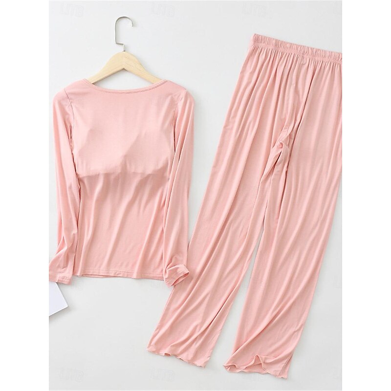 Women's Pajamas Sets Pure Color Simple Comfort Home Daily Bed Modal Breathable Crew Neck Long Sleeve T shirt Tee Pant Elastic Waist Summer Spring Home Outfits 17