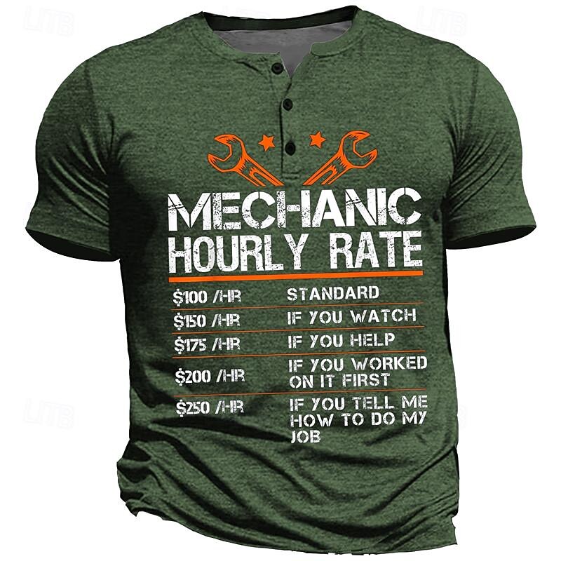 Mechanical Hourly Rate Men's Street Style 3D Printed Henley T Shirt Street Holiday Going out T shirt Blue Army Green Dark Blue Short Sleeve Henley Shirt Spring & Summer3