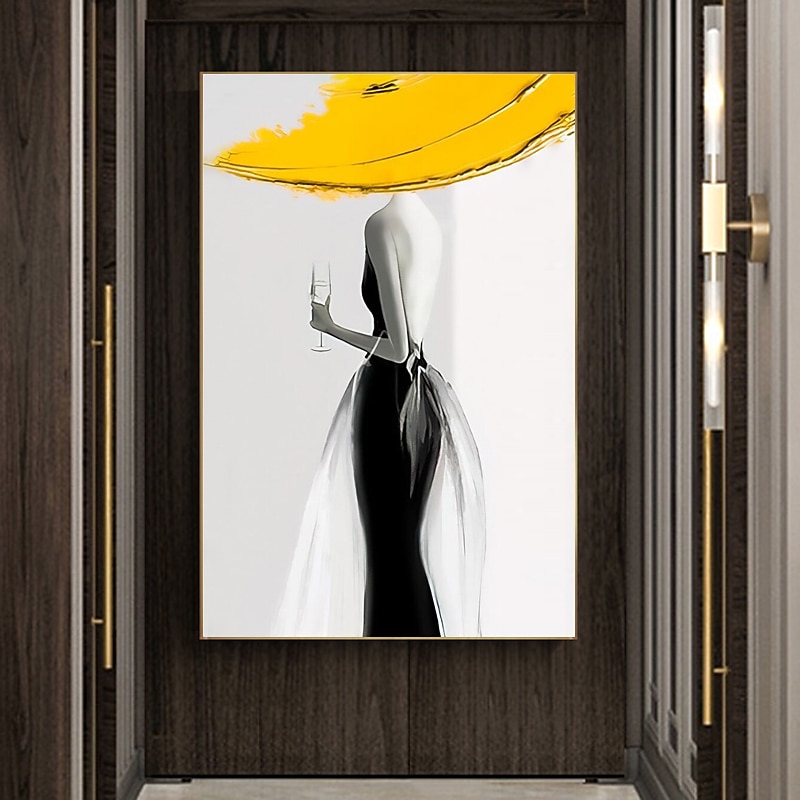 Woman in yellow hat Modern Abstract Sexy Woman Figure Canvas Painting Hand-painted Wall Art for Living Room Home Decor No Frame