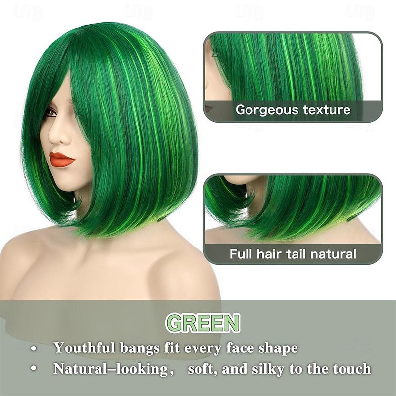 Green Bob Wigs for Women Short Bob Wig with Bangs 14 inch Straight Wigs Soft Synthetic Full Wigs for Daily Party St.Patrick's Day Wigs Halloween Wigs3