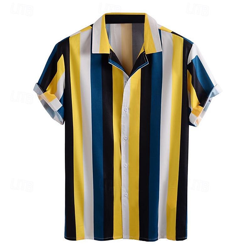 Men's Summer Shirt Casual Shirt Bowling Shirt Button Up Shirt Yellow Red Blue Green Short Sleeve Color Block Stripes Turndown Vacation Hawaiian Patchwork Clothing Apparel Polyester Fashion Casual2