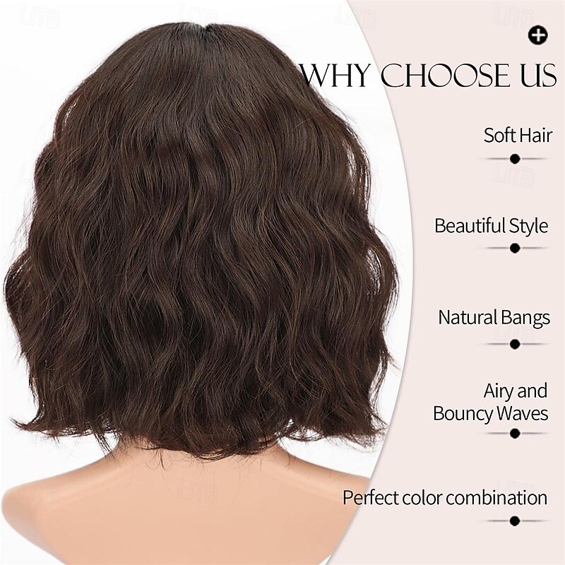 Dark Brown Wigs for Women Short Wavy Bob Wig with Bangs for Women Synthetic Short Curly Wave Wigs Heat Resistant Fiber Hair Wigs for Daily3