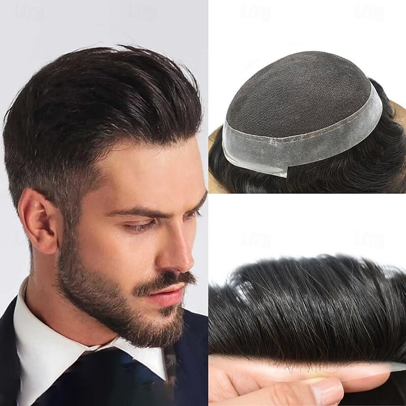Lace Center Toupee for Men Human Hair Replacement Systems Swiss Lace with PU Hairpieces around Mens Toupee Hair Units Wig Natural Hairline 6X8 7X9